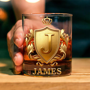Personalized Golden 2D Badge Custom Name Rock Whiskey Glass Old Fashioned Birthday Valentine Gift for Man Bartender Whiskey Enthusiast