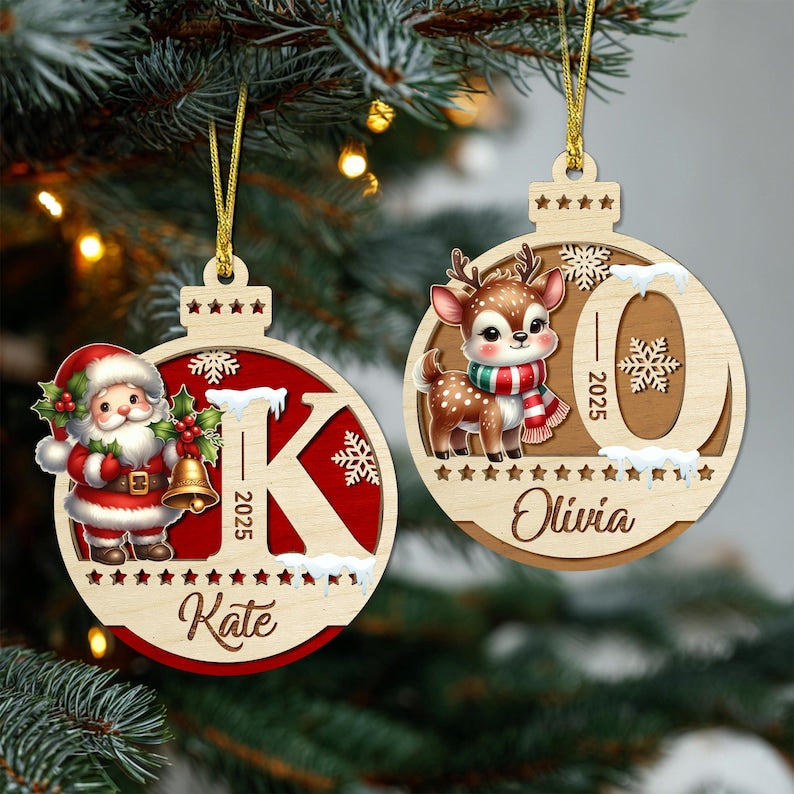 Personalized 2 Layer Wooden Santa Christmas Letter Ornament: Kids Baubles Gift
