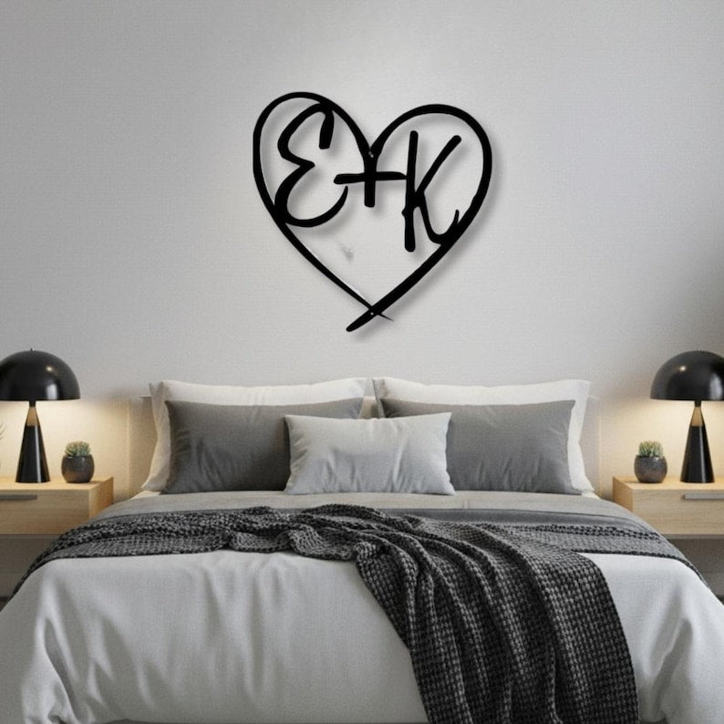 Custom Couple Metal Wall Art, Personalized Heart Sign, Modern Minimalist Name Letter Decor