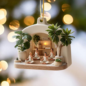 Personalized Miniature Indoor Yoga Class With Plants 2D Flat Ornament For Calm & Zen Spaces, Gift For Mom and Her