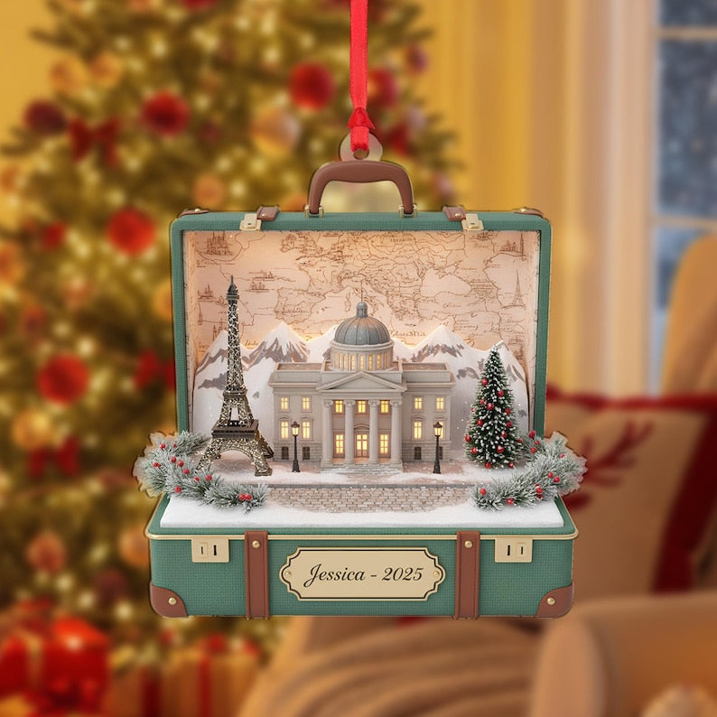 Personalized Suitcase Ornament Acrylic Travel Diorama Landmark Eiffel Tower Name Year Christmas Decoration