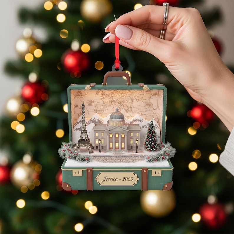 Personalized Suitcase Ornament Acrylic Travel Diorama Landmark Eiffel Tower Name Year Christmas Decoration