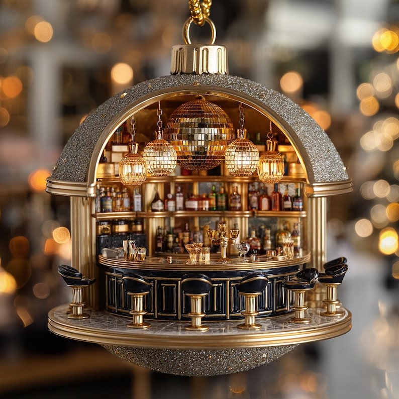 Exquisite Cocktail Bar Ornament Detailed Mini Speakeasy Scene Glitter Holiday Decor Festive Tree Hanging Gift Idea