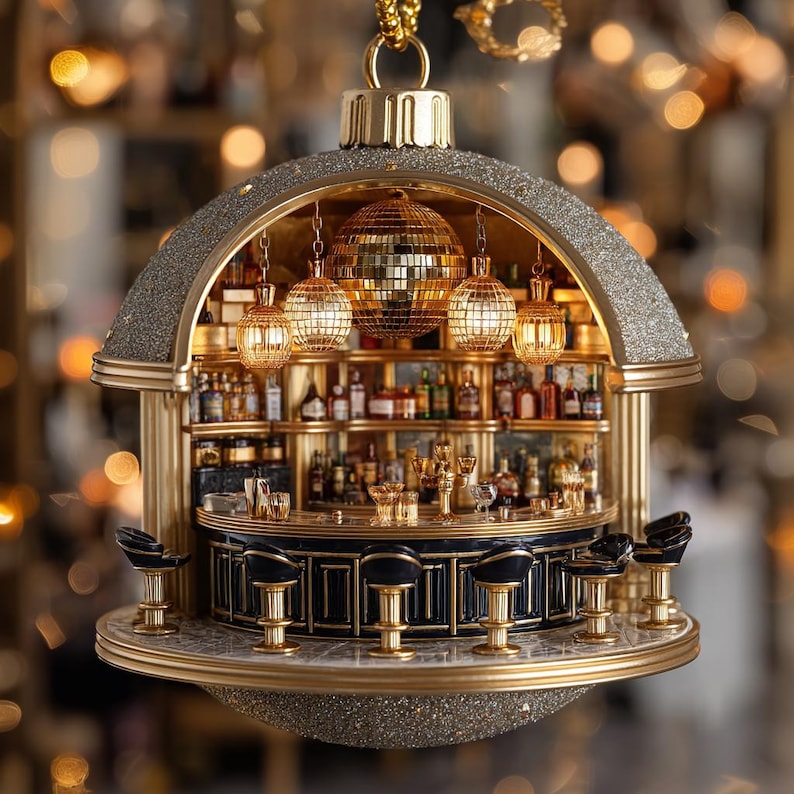 Exquisite Cocktail Bar Ornament Detailed Mini Speakeasy Scene Glitter Holiday Decor Festive Tree Hanging Gift Idea