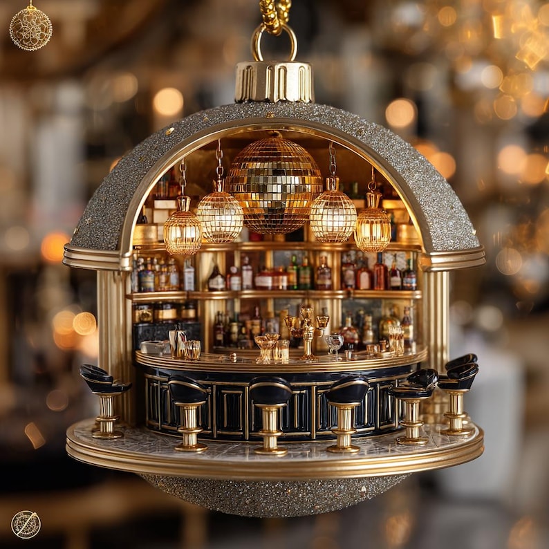 Exquisite Cocktail Bar Ornament Detailed Mini Speakeasy Scene Glitter Holiday Decor Festive Tree Hanging Gift Idea