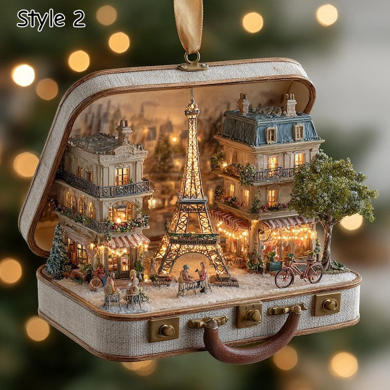 Lighted Paris Suitcase Ornament, Eiffel Tower Christmas Decor, Miniature Diorama, Parisian Scene Holiday Gift, Travel Theme Decoration