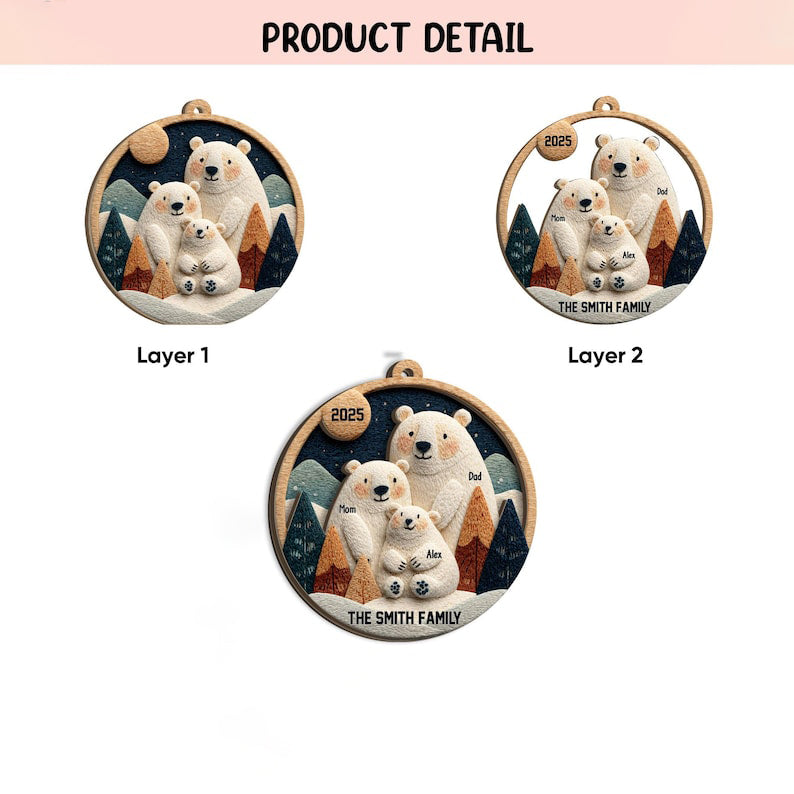 Personalized Polar Bear Family Layered Wood Ornament, Custom Name Christmas Ornament, Woodland Bear Christmas Home Decor, Gift for Family