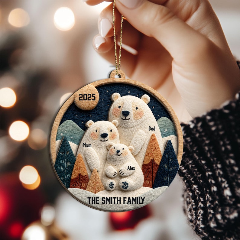 Personalized Polar Bear Family Layered Wood Ornament, Custom Name Christmas Ornament, Woodland Bear Christmas Home Decor, Gift for Family