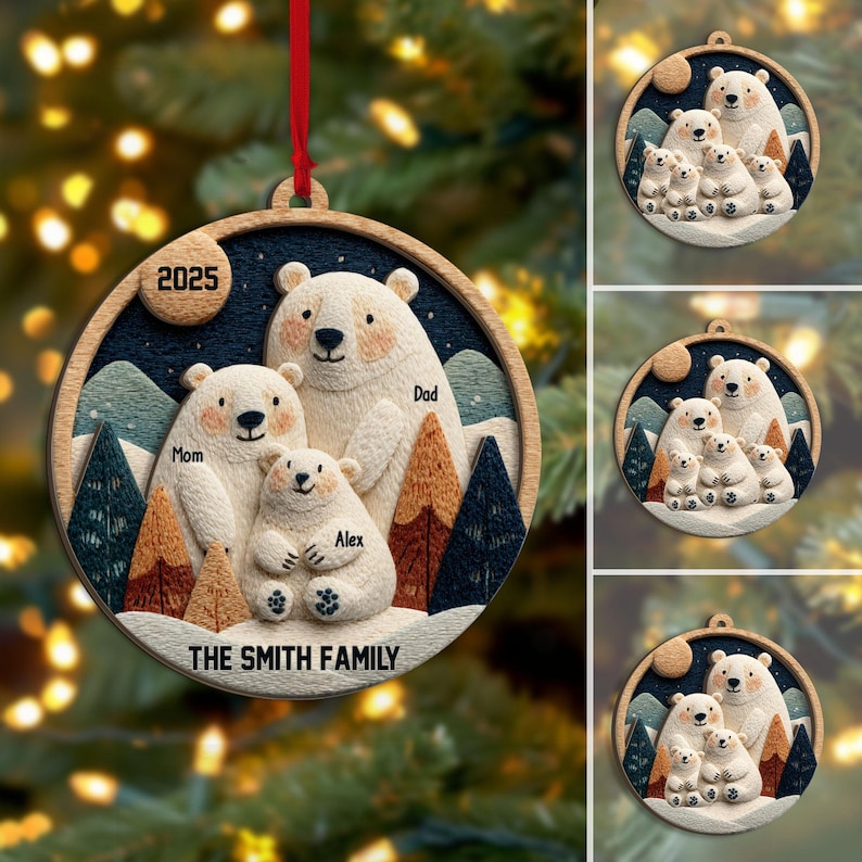 Personalized Polar Bear Family Layered Wood Ornament, Custom Name Christmas Ornament, Woodland Bear Christmas Home Decor, Gift for Family