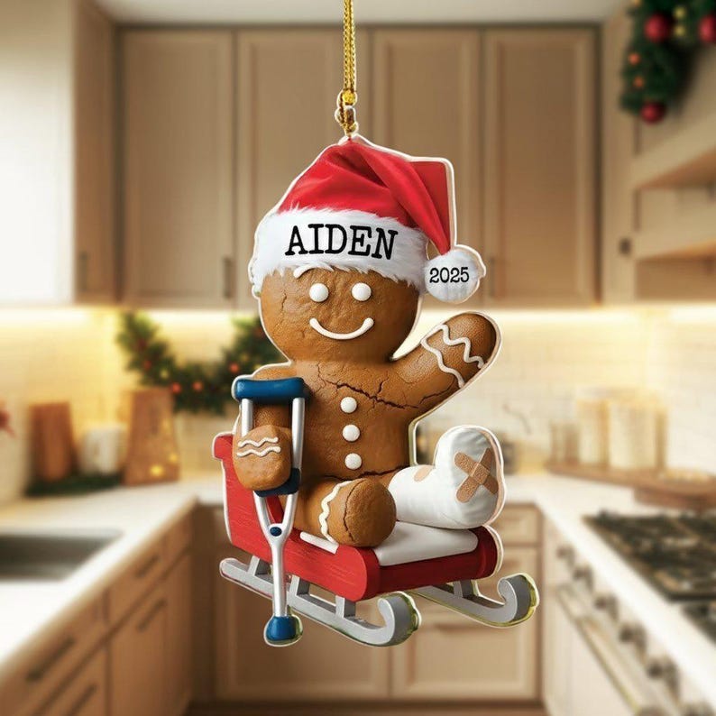 Personalized Injured Gingerbread Acrylic Ornament, Custom Broken Leg Christmas Tree Ornament, Flat 2D Ornament Decor Gift, Xmas Gifts