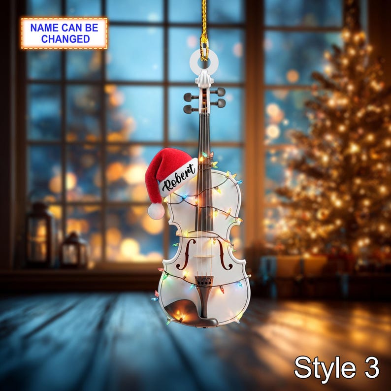 Musical Violin acrylic 2D flat Christmas ornament, custom name festive tree hanging acrylic holiday decoration, violin musical Xmas gift