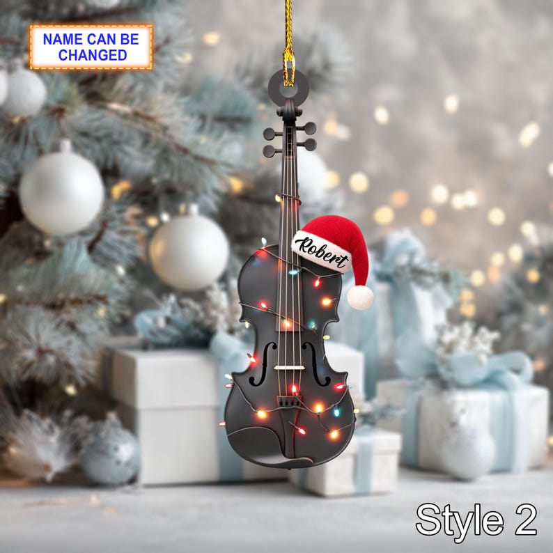Musical Violin acrylic 2D flat Christmas ornament, custom name festive tree hanging acrylic holiday decoration, violin musical Xmas gift