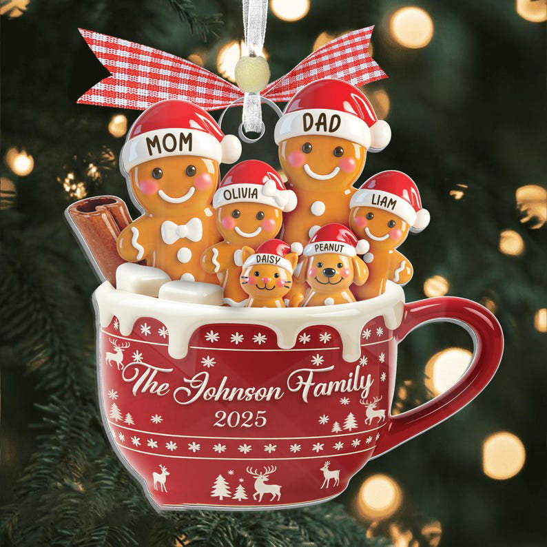 Personalized Gingerbread Family Ornament with Pets Custom Christmas Mug Keepsake with Names & Year, Family of 3 4 5 6 7 with Dog or Cat