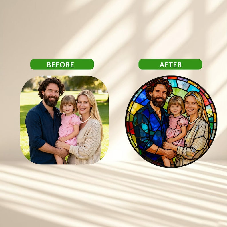 Stained Glass Portrait Ornament, Personalized Christmas Suncatcher, Couple or Family Photo Gift, Holiday Keepsake