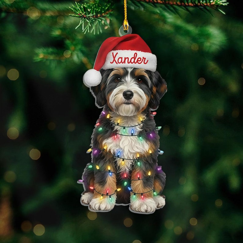 Custom Name Bernedoodle With Santa Hat Christmas Lights Ornament, Personalized Pet Name Decoration, Christmas Tree Decor, Christmas Ornament