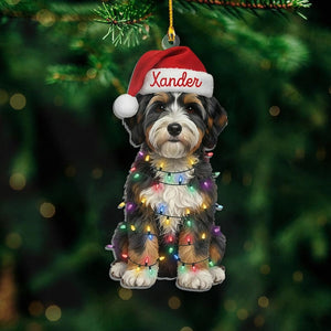 Custom Name Bernedoodle With Santa Hat Christmas Lights Ornament, Personalized Pet Name Decoration, Christmas Tree Decor, Christmas Ornament