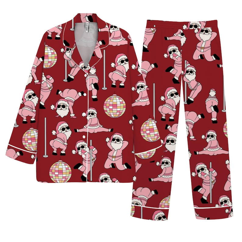 Christmas Pajama Set Funny Dancing Santa Print Sleepwear, Pink Holiday Loungewear