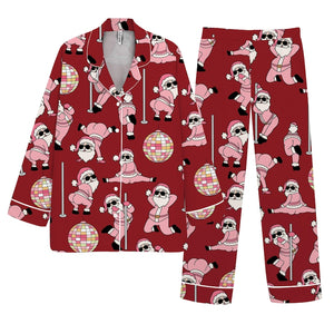 Christmas Pajama Set Funny Dancing Santa Print Sleepwear, Pink Holiday Loungewear
