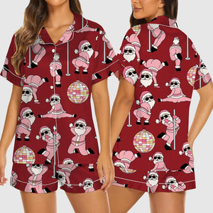 Christmas Pajama Set Funny Dancing Santa Print Sleepwear, Pink Holiday Loungewear