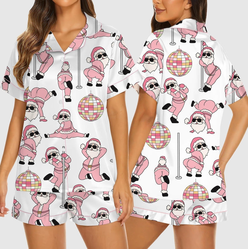 Christmas Pajama Set Funny Dancing Santa Print Sleepwear, Pink Holiday Loungewear