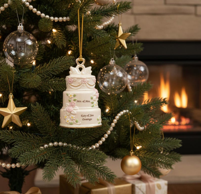 Personalized 2025 Our First Christmas Together Cake Ornament, Custom Acrylic Ornament for Couples, Wedding, Anniversary