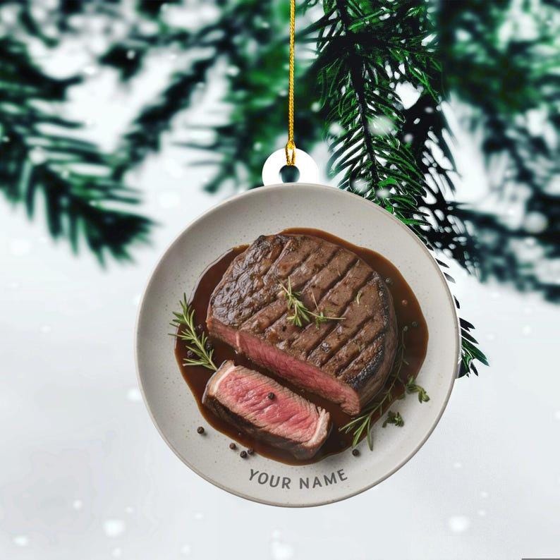 Personalized Grilled Steak Christmas Ornament, Custom Name BBQ Pitmaster Gift, Unique Meat Lover Kitchen Decor, Foodie Xmas Tree Hanging