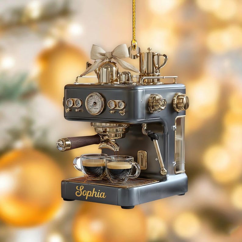 Personalized Espresso Machine Mini 2D Flat Ornament, Vintage Coffee Maker Diorama With Cups, Gift For Baristas And Coffee Lovers