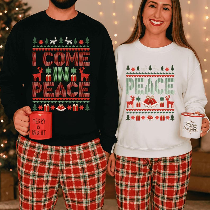 Matching Couples Ugly Christmas Sweater, Funny I Come In Peace Sweatshirts, Cute Married Couple Xmas Outfit, Matching Christmas PJs Gift
