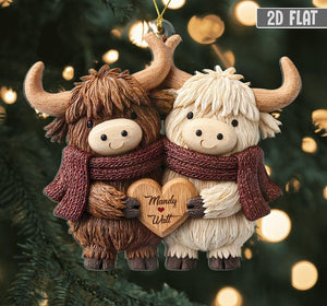 2D Personalized Highland Cow Couple Ornament, Custom Name Christmas Gift for Couple, Cute Farm Animal Ornament, Rustic Love Keepsake
