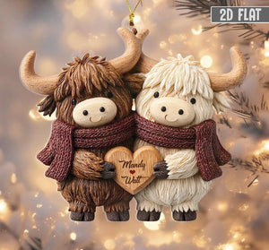 2D Personalized Highland Cow Couple Ornament, Custom Name Christmas Gift for Couple, Cute Farm Animal Ornament, Rustic Love Keepsake