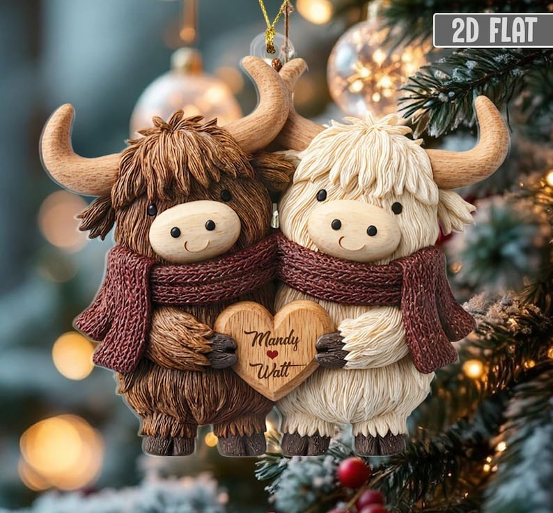 2D Personalized Highland Cow Couple Ornament, Custom Name Christmas Gift for Couple, Cute Farm Animal Ornament, Rustic Love Keepsake