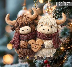 2D Personalized Highland Cow Couple Ornament, Custom Name Christmas Gift for Couple, Cute Farm Animal Ornament, Rustic Love Keepsake