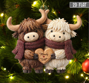 2D Personalized Highland Cow Couple Ornament, Custom Name Christmas Gift for Couple, Cute Farm Animal Ornament, Rustic Love Keepsake