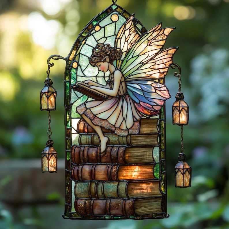 Enchanting Fairy Reading Book Suncatcher, Acrylic Window Hanging Art, Unique Book Lover Gift, Garden Decor