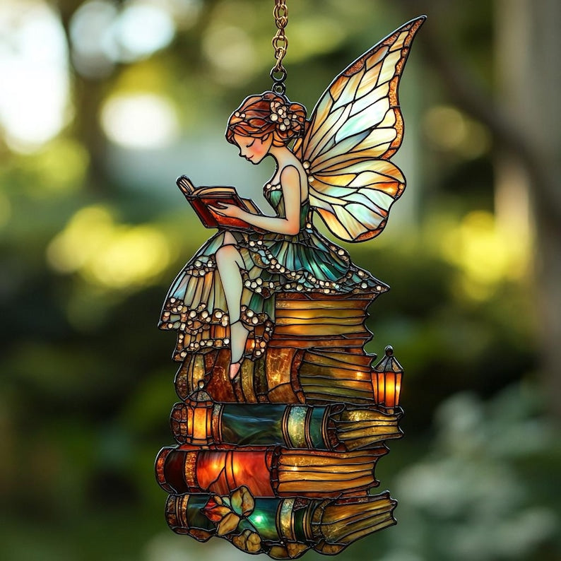 Enchanting Fairy Reading Book Suncatcher, Acrylic Window Hanging Art, Unique Book Lover Gift, Garden Decor