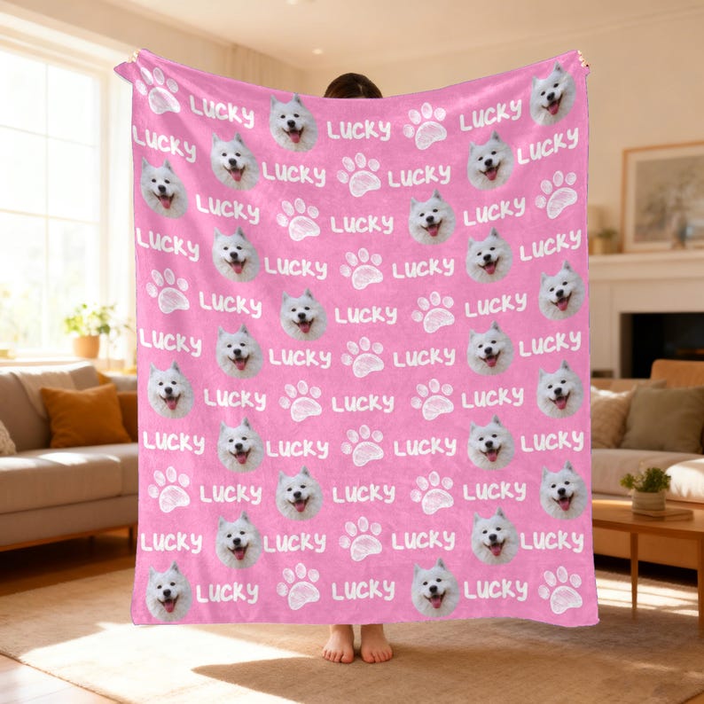 Custom Pet Face Blanket, Personalized Dog Cat Name, Soft Fleece Photo Blanket Throw