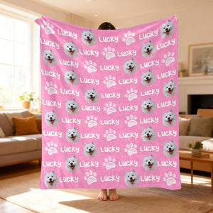 Custom Pet Face Blanket, Personalized Dog Cat Name, Soft Fleece Photo Blanket Throw