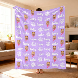 Custom Pet Face Blanket, Personalized Dog Cat Name, Soft Fleece Photo Blanket Throw