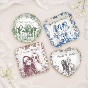 Personalized Bestie Photo Jewelry Dish,Toile De Jouy Trinket Tray Gift For Besties,Soul Sister Gift,Birthday Ring Dish Gift For Best Friends