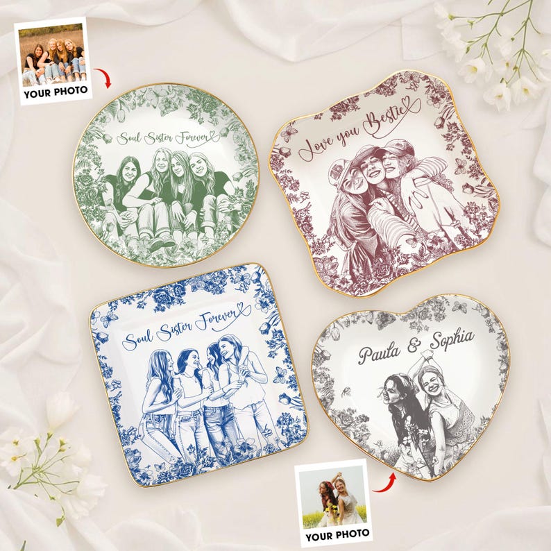 Personalized Bestie Photo Jewelry Dish,Toile De Jouy Trinket Tray Gift For Besties,Soul Sister Gift,Birthday Ring Dish Gift For Best Friends