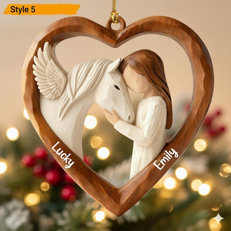 Personalized 2D Flat Faux Wood - Carving Horse Lover Acrylic Ornament Custom Girl and Horse Heart Ornament, Keepsake Gift for Equestrians