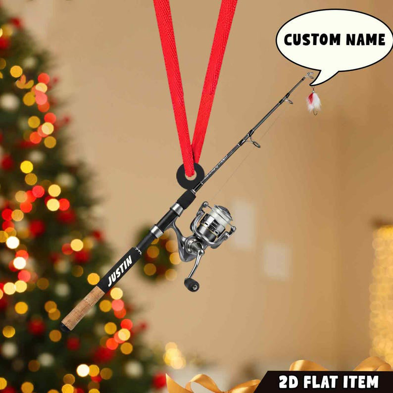 Personalized Fishing Rod Chirstmas Ornament, Fishing Lovers Ornaments, Angler Gift for Dad Husband Boyfriend, Bass Fishing Decor.
