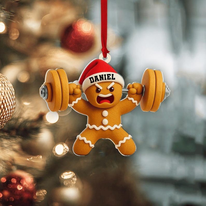2D Personalized Gingerbread Weightlifting Ornament, Gym Christmas Gift, Custom Fitness Ornament, Bodybuilder Xmas Decor, Workout Ornament