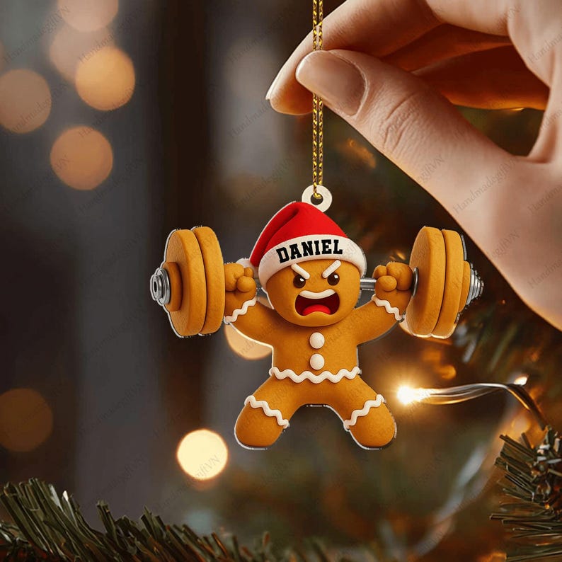 2D Personalized Gingerbread Weightlifting Ornament, Gym Christmas Gift, Custom Fitness Ornament, Bodybuilder Xmas Decor, Workout Ornament