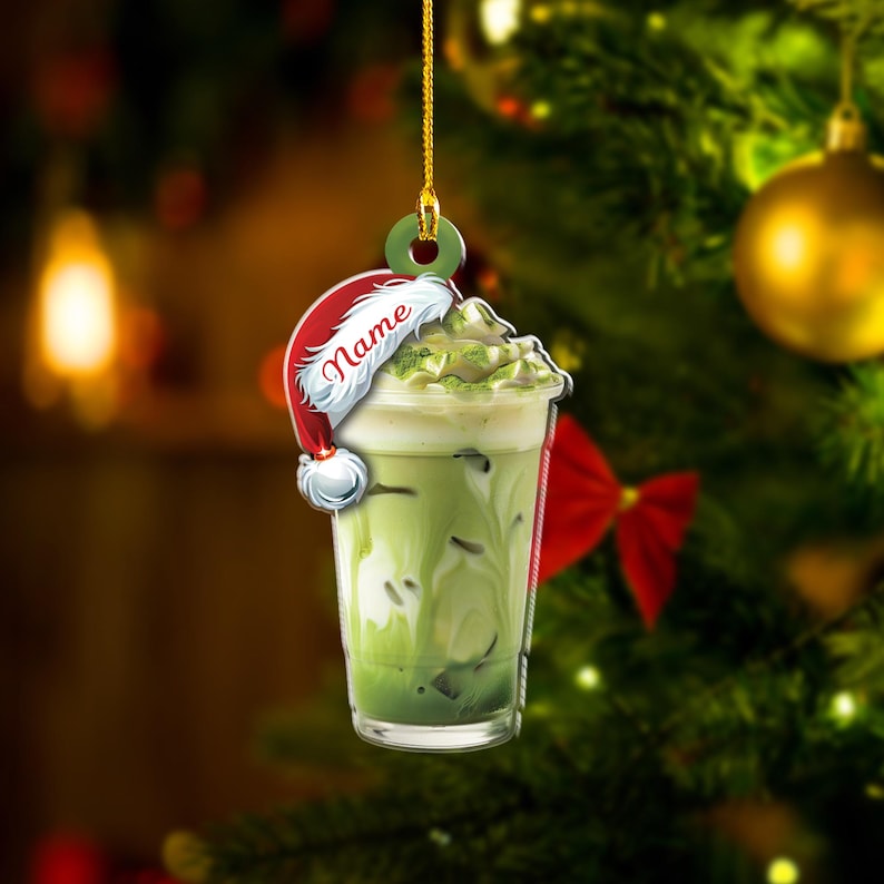 Personalized Matcha Latte Ornament, Custom Name Christmas Drink Ornament, Santa Hat Iced Matcha Holiday Tree Decoration
