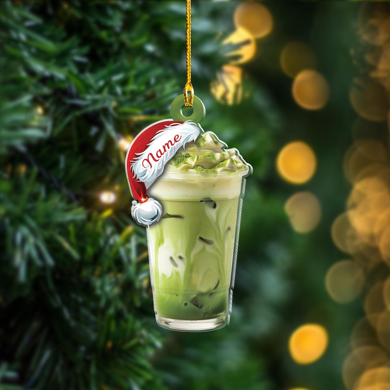 Personalized Matcha Latte Ornament, Custom Name Christmas Drink Ornament, Santa Hat Iced Matcha Holiday Tree Decoration