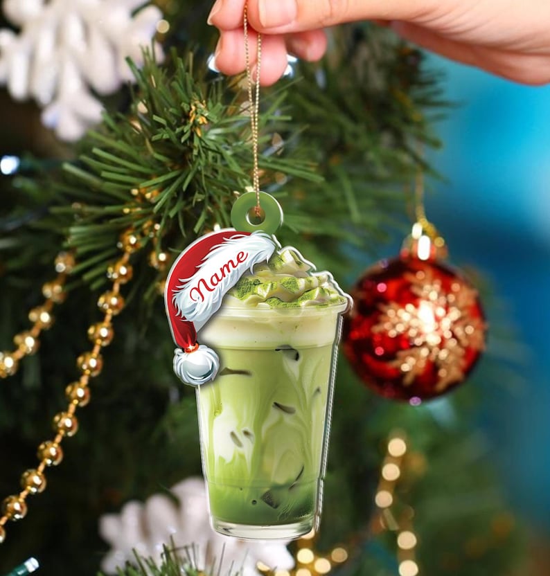 Personalized Matcha Latte Ornament, Custom Name Christmas Drink Ornament, Santa Hat Iced Matcha Holiday Tree Decoration