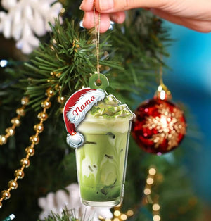 Personalized Matcha Latte Ornament, Custom Name Christmas Drink Ornament, Santa Hat Iced Matcha Holiday Tree Decoration