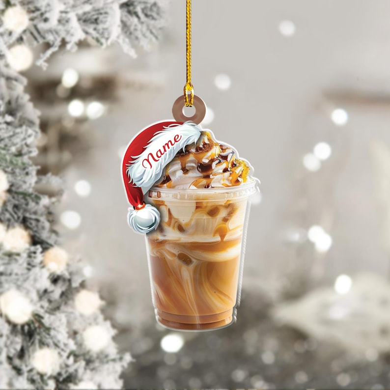 Personalized Caramel Iced Latte Ornament, Custom Name Santa Hat Coffee Drink Christmas Ornament, Holiday Tree Decoration for Coffee Lovers