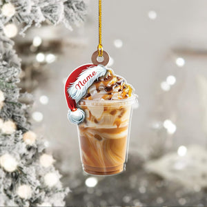 Personalized Caramel Iced Latte Ornament, Custom Name Santa Hat Coffee Drink Christmas Ornament, Holiday Tree Decoration for Coffee Lovers